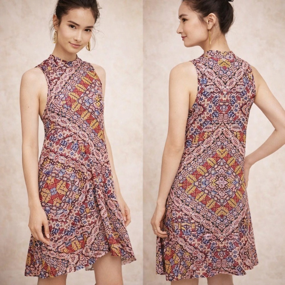 Maeve Anthropologie Mosaic‎ Print Swing Dress SP Red Boho Pockets